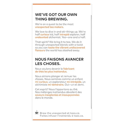 Tazo tea box with bilingual text describing unexpected tea blends and vibrant flavors for kitchen brewing