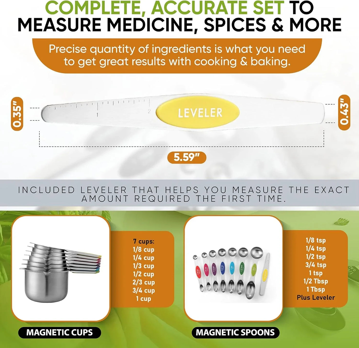 Magnetic Measuring Cups & Spoons Set, Patented, Strong N45 Magnets, Heavy Duty Stainless Steel Fits in Spice Jars for Baking & Cooking, BPA Free, Set of 15 with Leveler, Multicolor