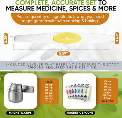 Magnetic Measuring Cups & Spoons Set, Patented, Strong N45 Magnets, Heavy Duty Stainless Steel Fits in Spice Jars for Baking & Cooking, BPA Free, Set of 15 with Leveler, Multicolor