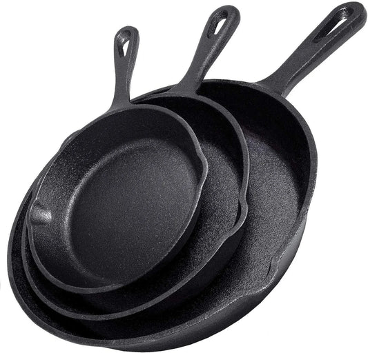 Cast Iron Skillet 3-Piece Set - Heavy-Duty Professional Restaurant Chef Quality Pre-Seasoned Pan Cookware Set - 10", 8", 6" Pans - for Frying, Saute, Cooking, Pizza & More,Black