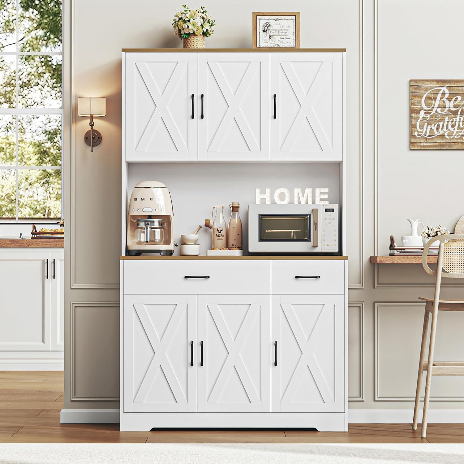 71" Pantry Cabinet with Charging Station, Tall Kitchen Pantry Storage Cabinet with Microwave Stand, Farmhouse Kitchen Hutch with Storage Drawers for Living Room, Dining Room, White