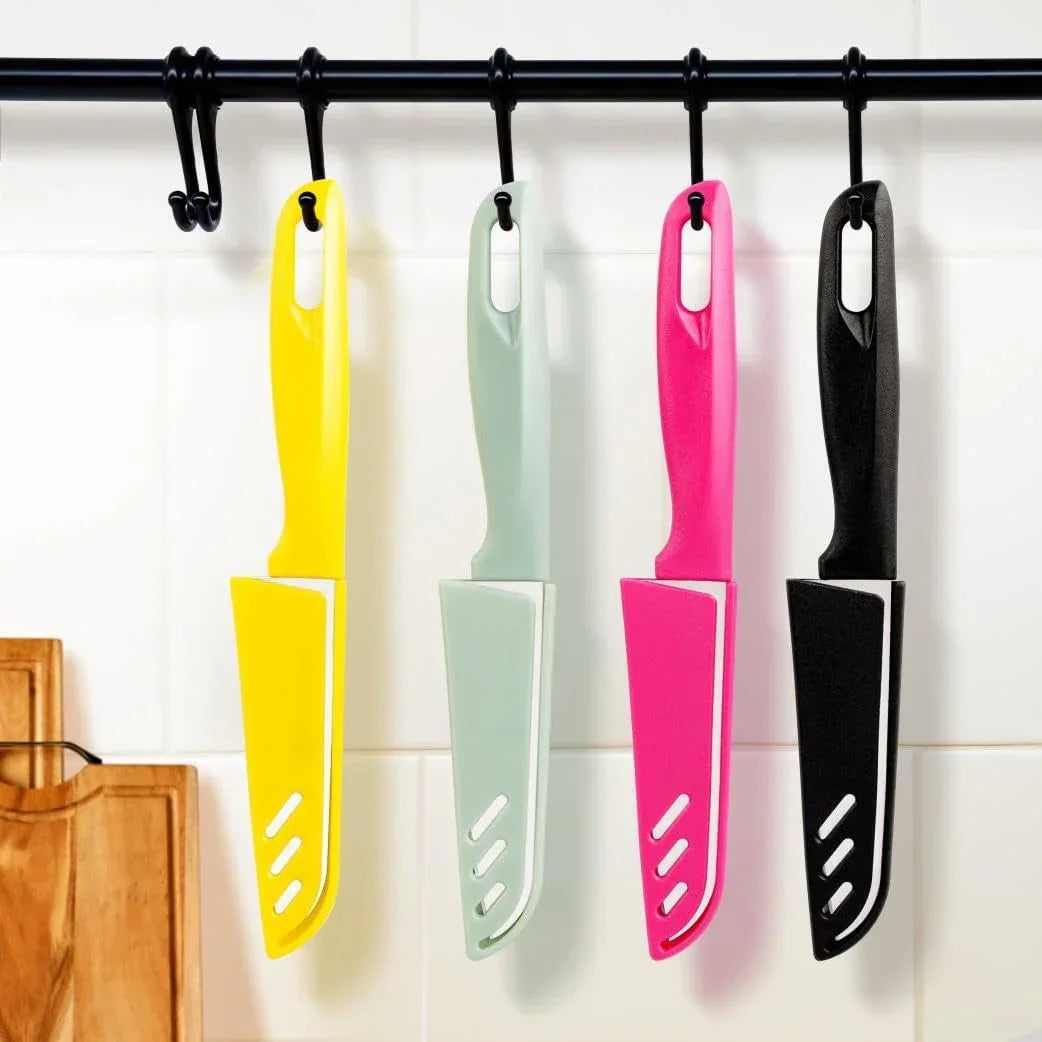 Colorful kitchen knives with protective sheaths hanging on wall rack for organized cooking storage