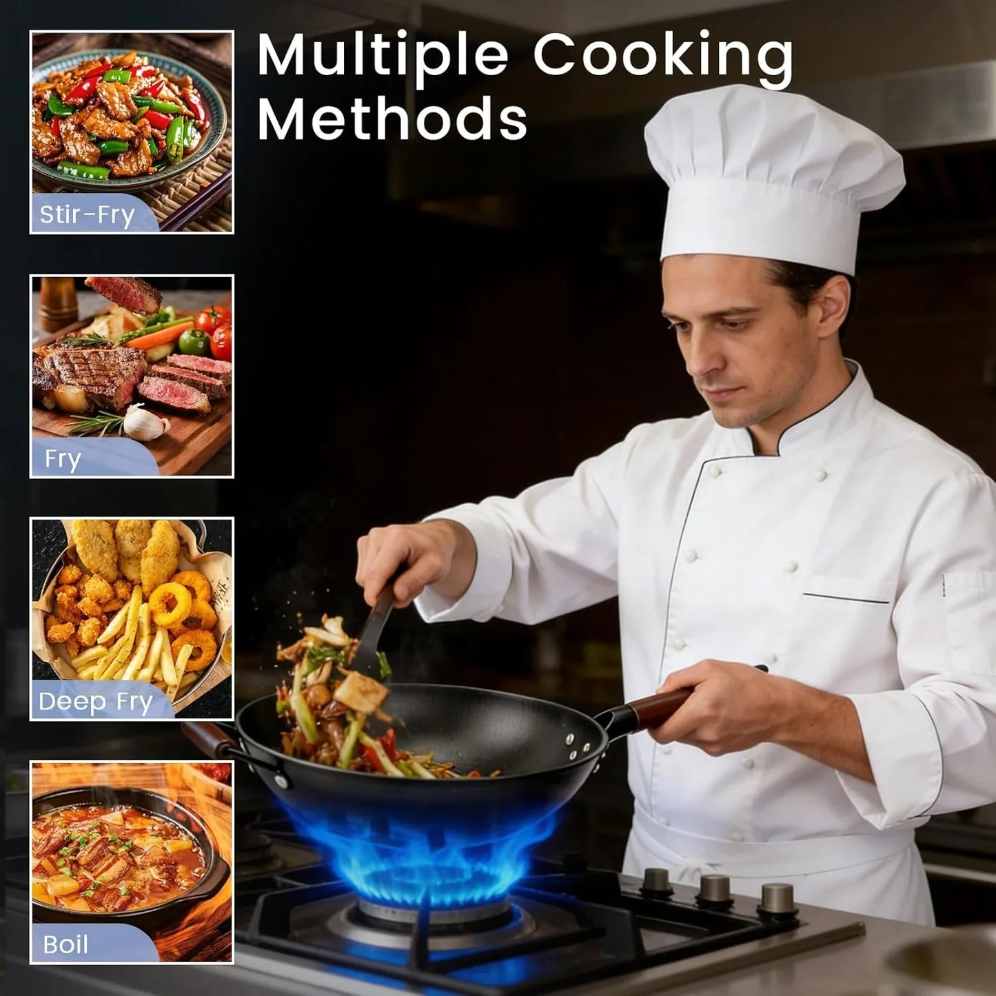 Carbon Steel Wok - 12.99" Woks & Stir-Fry Pans Nonstick, Wok with Lid, Fast Heat Conduction, Uniform Heat Conduction Flat Bottom Woks, Professional Chef Cookware