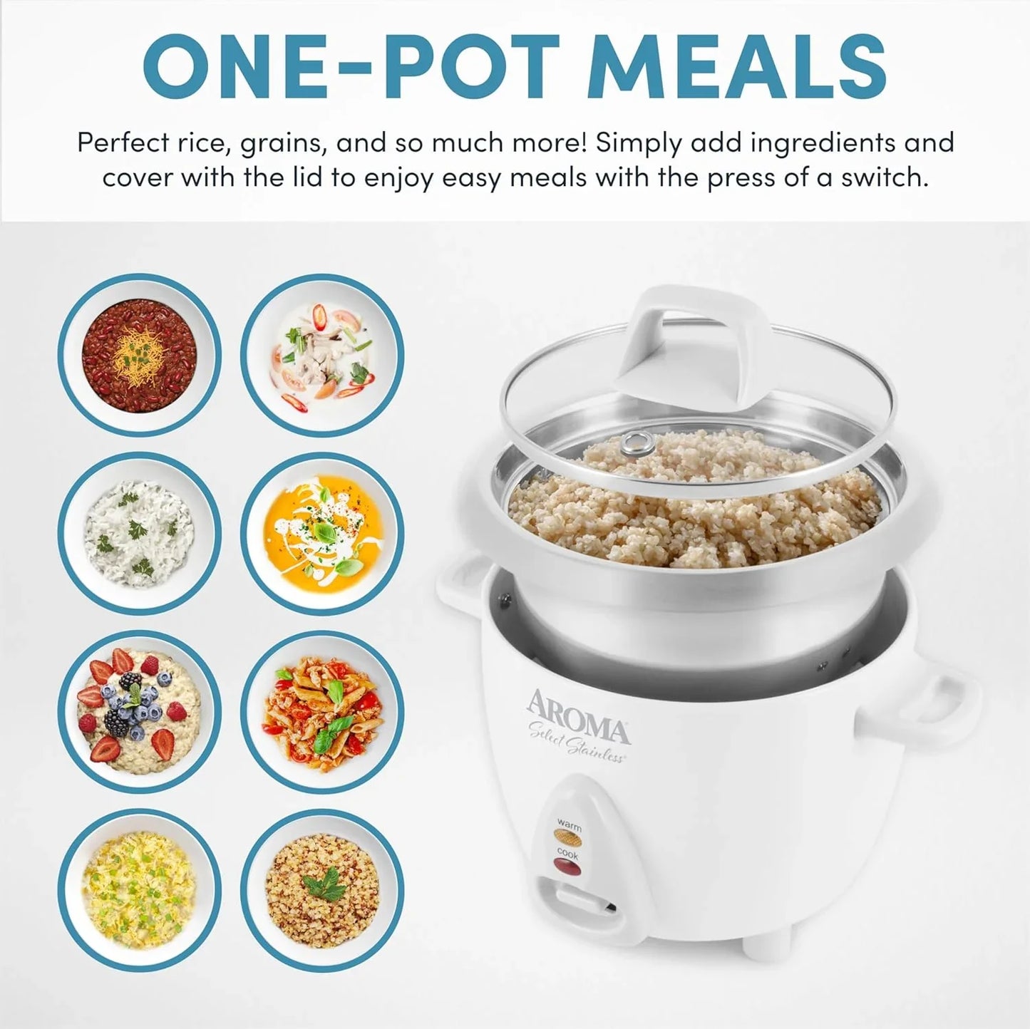 ® Select Stainless® Rice Cooker, 3-Cup (Uncooked) / 6-Cup (Cooked), Stainless Steel Inner Pot, Small Rice Cooker, Auto Keep Warm, 1.2 Qt, White, ARC-753SG