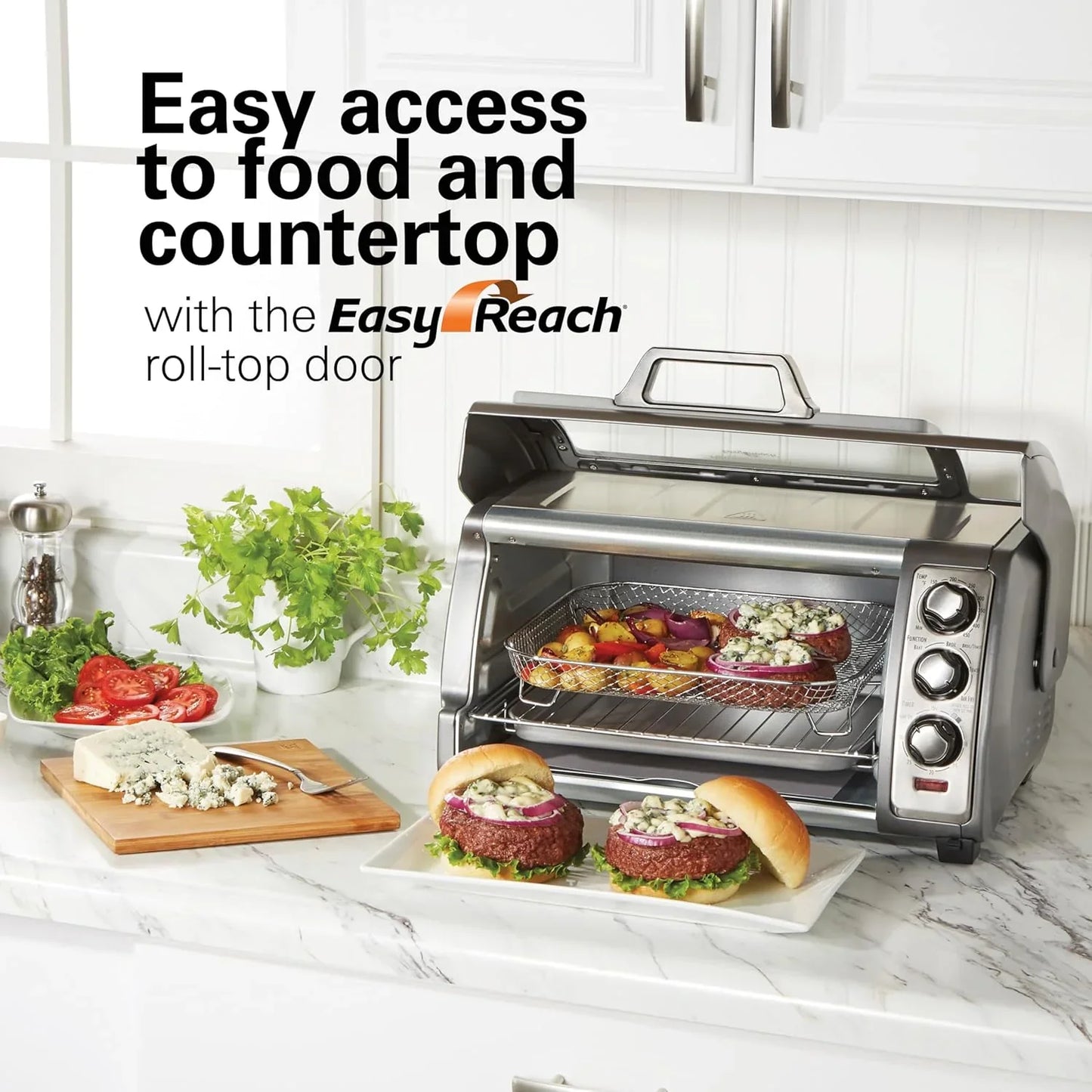 Air Fryer Toaster Oven Combo with Large Capacity, Fits 6 Slices or 12” Pizza, 4 Cooking Functions for Convection, Bake, Broil, Roll-Top Door, Easy Reach Sure-Crisp, Stainless Steel