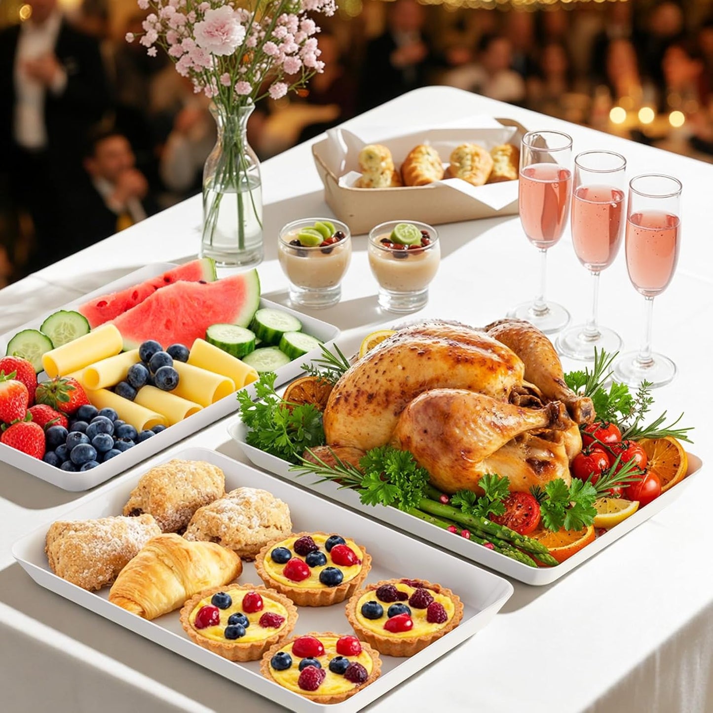 4-Pack Serving Tray, Serving Platter for Parties, Entertaining, Camping & Food Display, Reusable & Stackable Plastic Trays in Kitchen, Rectangular Food Platters for Cookie, Appetizer(White)