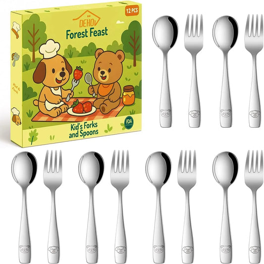 Toddler Eating Utensils Set,Set of 12 Food Grade Stainless Steel Silverware Sets for Kids,Dishwasher Safe Children Small Metal Spoons and Forks Flatware Sets
