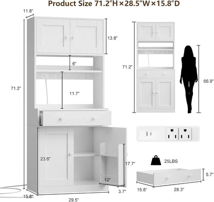 71" Tall Kitchen Pantry Storage Cabinet with Power Outlet & LED Light, Freestanding Food Pantry Cabinet with 4 Doors and Shelves, Cupboard with Drawer, Hutch with Microwave Stand, White