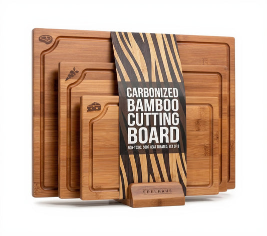 Carbonized Bamboo Cutting Boards – Cutting Board Set of 3 Heat Treated for Rich Color & Lower Moisture Absorption, Chopping Boards with Juice Groove, Non-Toxic, FSC Certified Incl. Stand