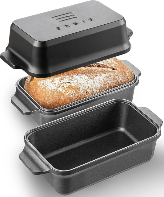 Cast Iron Loaf Pan with Lid, 9×5 Dutch Oven for Sourdough Bread Baking, Dutch Oven Pot with Lid for Bread Baking, Bread Pans for Baking, Pre-Seasoned (3 Pieces, 2.2 QT Each)