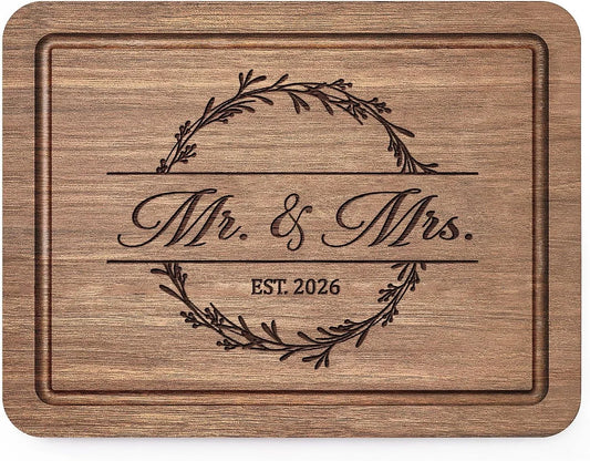 Wedding Gifts for Couples 2026, Bridal Shower Gifts- Walnut Wood Cutting Board Engraved with Mr. and Mrs. EST. 2026- Mr and Mrs/Wedding/Engagement Gift for Newlyweds Bride and Groom