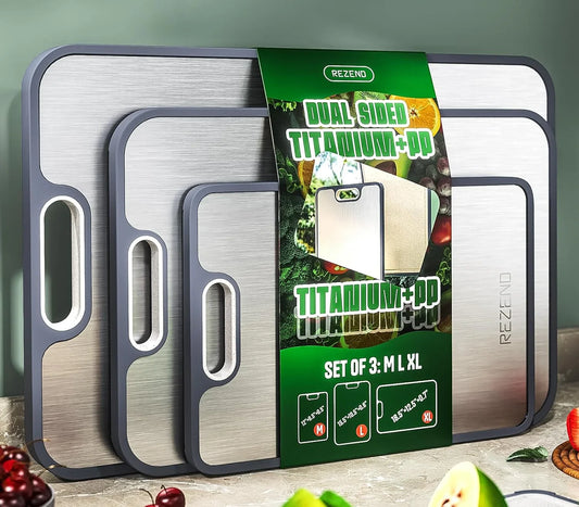 Titanium Cutting Board Set of 3, Dual Sided Design Non Toxic Cutting Boards for Kitchen beyond Food-Grade Chopping Board for Hygienic Food Prep, Extra Large (M/L/XL), Knife-Friendly, with Juice Groove