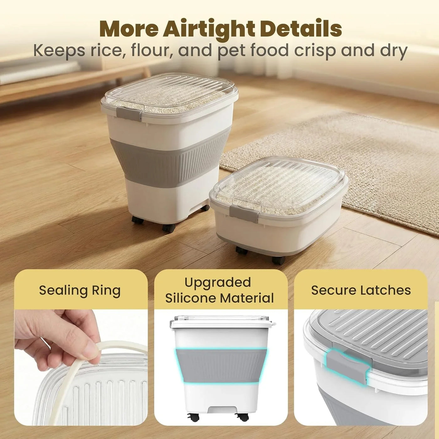 25-50Lbs Rice Container,Collapsible Food Storage Containers with Airtight Clear Lid,Wheels,Rice Storage Container with Small Bin and Scoop,Rice Dispenser for Flour Sugar Cereal Grain Dog Cat