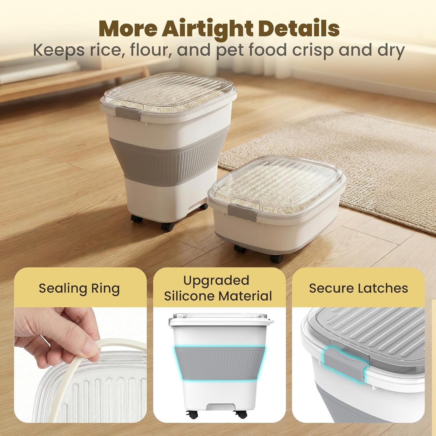 25-50Lbs Rice Container,Collapsible Food Storage Containers with Airtight Clear Lid,Wheels,Rice Storage Container with Small Bin and Scoop,Rice Dispenser for Flour Sugar Cereal Grain Dog Cat
