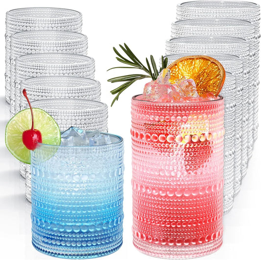 Vintage Hobnail Drinking Glasses Set of 12, 12 Oz Highball Glasses & 10 Oz Cocktail Glasses, Embossed Glass Cups, Clear Water Glasses Kitchen Bar Glassware Set for Beer, Juice, Cocktail, Whiskey