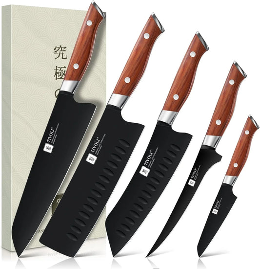 Chef Knife Set, Professional 5PC Knife Set, German High Carbon Stainless Steel Ultra Sharp Kitchen Knives with Full Tang Ergonomic Wood Handle for for Cooking, Gift for Men Women Christmas