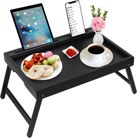 Bed Tray Table with Handles Folding Legs,Bamboo Breakfast Food Tray with Media Slot,Use as Platter,Laptop Desk,Snack,Tv Tray Kitchen Serving Tray Black Large