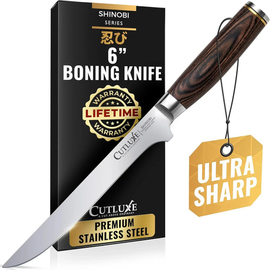 Japanese Boning Knife for Meat Cutting – 6" Razor Sharp – High Carbon Stainless Steel Blade – Fillet Knife for Fish – Full Tang, Ergonomic Pakkawood Handle Design – Shinobi Series