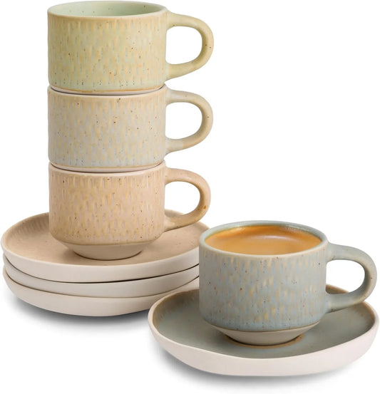 Espresso Mug and Saucer Set, Ceramic Cups and Plates with Rustic Organic Shape and Feathered Texture, Dishwasher and Microwave Safe, 2.7 Oz, Set of 4, Neutral Multicolor (2.7 Oz)