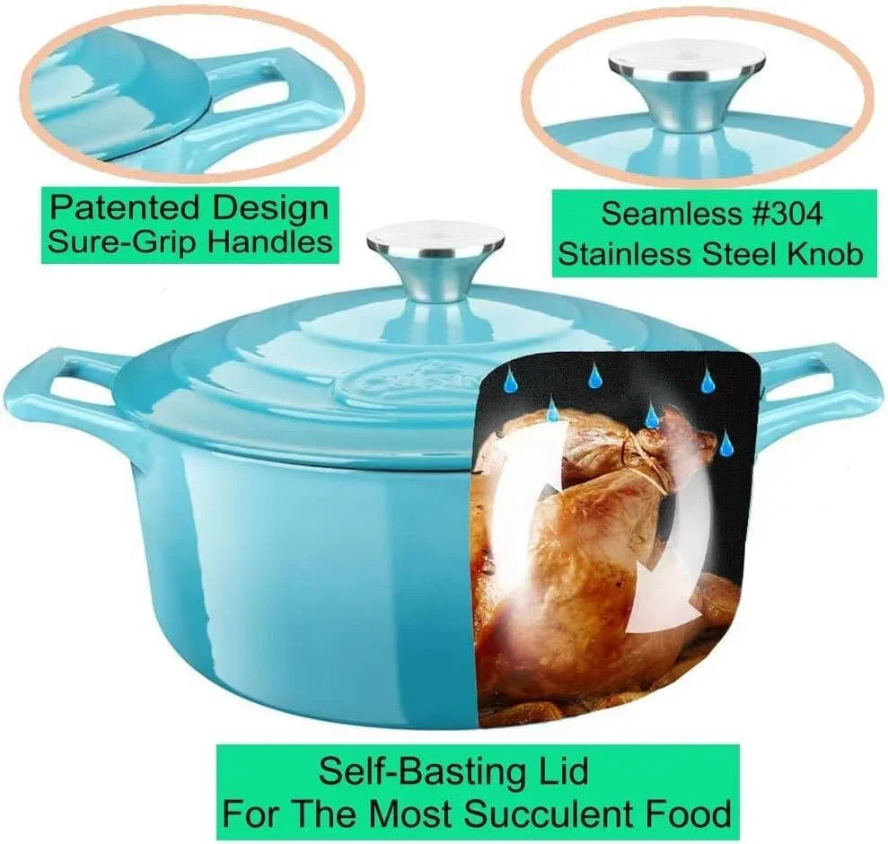 Blue enameled cast iron Dutch oven with self-basting lid, stainless steel knob, and sure-grip handles