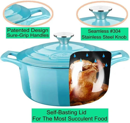 Blue enameled cast iron Dutch oven with self-basting lid, stainless steel knob, and sure-grip handles