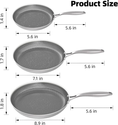 Stainless Steel Pans Set of 3 (8+10+12 Inch), Nonstick Frying Pans, Induction Pan Set, Chef'S Pan, Skillets Dishwasher & Oven Safe, Stay-Cool Handles, Compatible with All Cooktops
