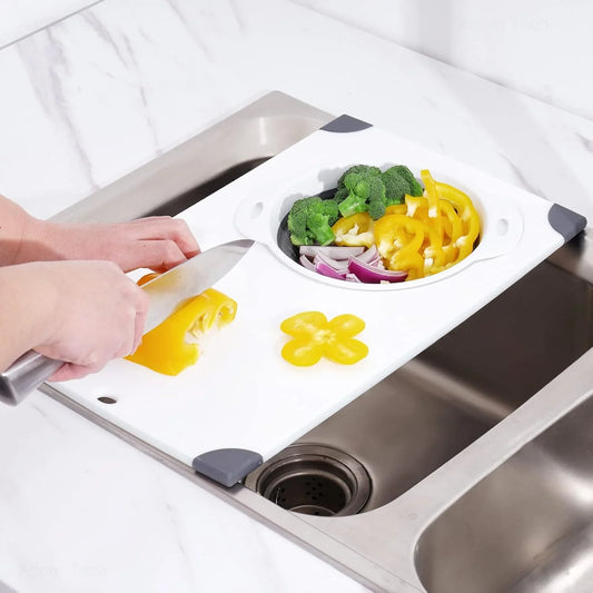 over the Sink Cutting Board with Collapsible Colander, 2-In-1 Sink Drainer Board 11"X17.7" Anti-Slip Cutting Board and Detachable Draining Basket with Ergonomic Handle PP Plastic and TPR Rubber