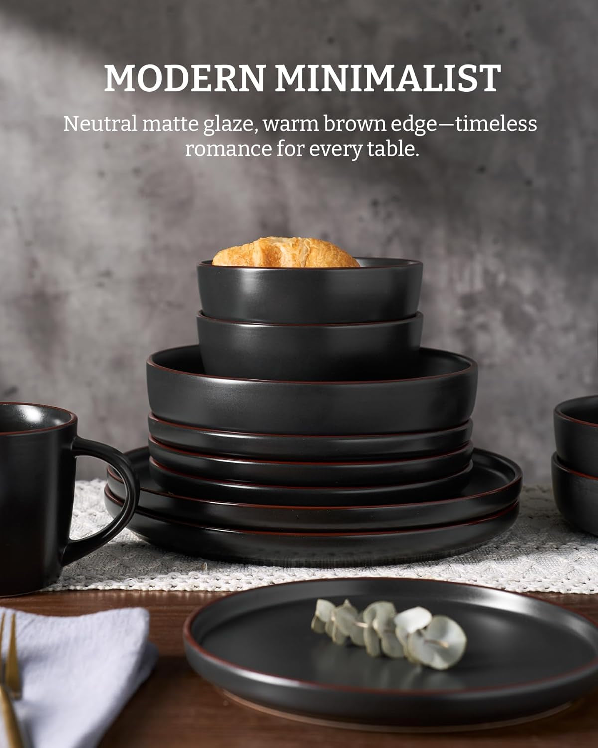 Mercury Dinnerware Sets with Mugs, Service for 4 (16 Pieces), Plates and Bowls Sets, Microwave and Dishwasher Safe Dishes Set, Matte Black