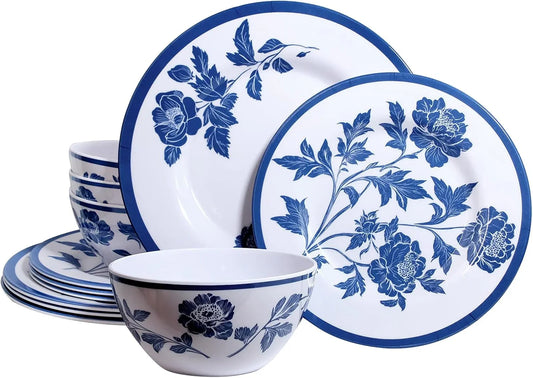 Melamine Dinnerware Set 12-Piece for 4 Dish Set Plates Bowls Unbreakable Dishware for Indoor Outdoor Use Lightweight Durable for Camping Picnics Parties Dark Blue