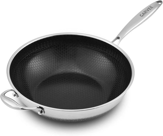 13 Inch Wok Pan,Pfoa Free Cookware,Non Stick Stainless Steel Woks & Stir-Fry Pans Nonstick, Dishwasher and Oven Safe, Works on Induction
