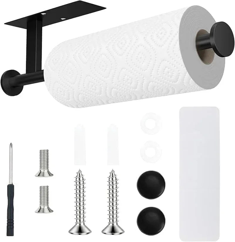 Black wall-mounted paper towel holder with screws and accessories for kitchen organization