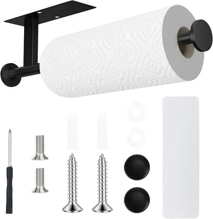 Black wall-mounted paper towel holder with screws and accessories for kitchen organization
