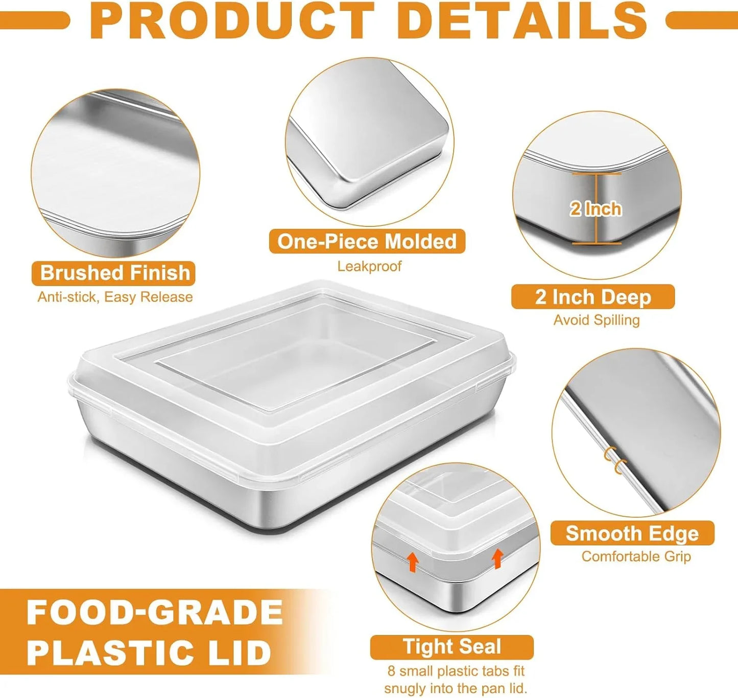 Stainless Steel Baking Pan with Lid, 12⅓ X 9¾ X 2 Inch Deep Rectangle Cake Pans with Cover for Cakes, Brownies, Cookies, Deep Side & Heavy Duty,Dishwasher & Fridge & Oven Safe(2 Pans + 2 Lids)