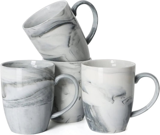 14 OZ Marble Coffee Mugs, M067 Novelty Marble Ceramic Cup for Home and Office, Microwave Dishwasher Safe, Set of 4, Gray