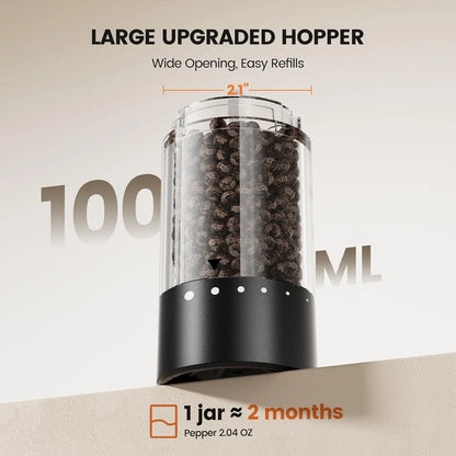Electric Salt and Pepper Grinder Set - Rechargeable Automatic Salt and Pepper Shakers, Kitchen Appliances with External Adjustable Coarseness, Larger Hopper for Cooking, Home Gifts(2 Pack,Black/Black)