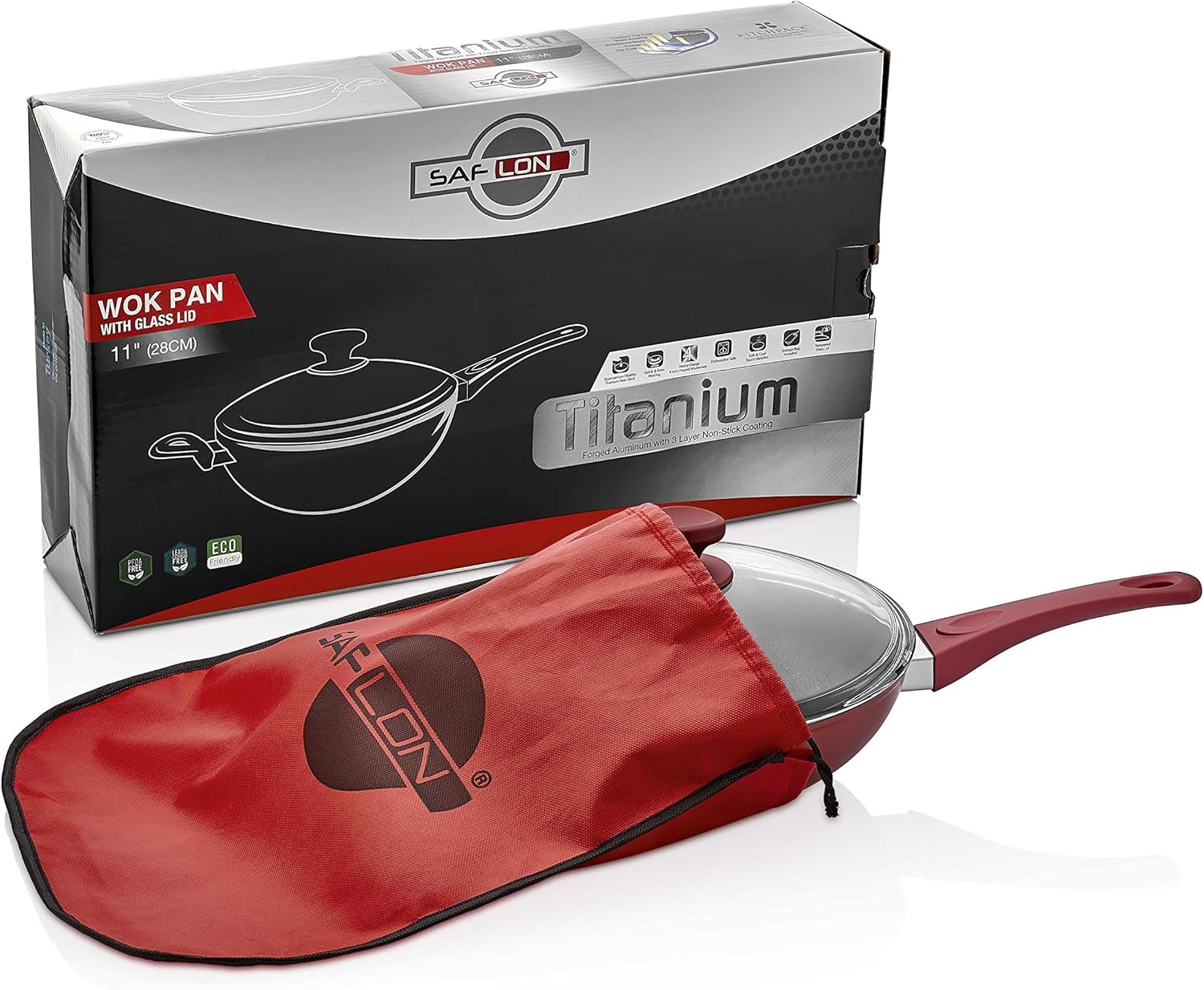 Titanium Nonstick 11 Inch Wok and Stir Fry Pan with Glass Lid Forged Aluminum with PFOA Free Scratch Resistant (Red)