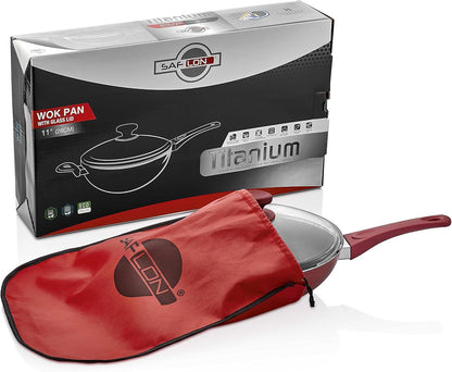 Titanium Nonstick 11 Inch Wok and Stir Fry Pan with Glass Lid Forged Aluminum with PFOA Free Scratch Resistant (Red)