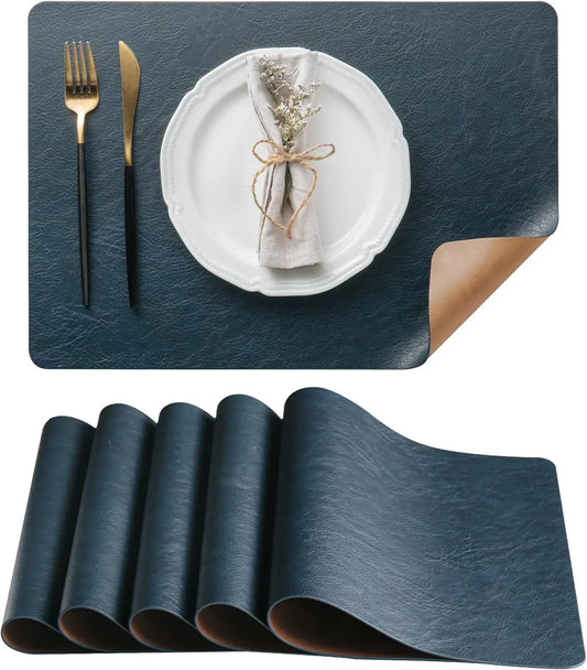 Placemats Set of 6,  Reversible Dual-Color Faux Leather Place Mats 17"X11.8"– Waterproof, Heat Resistant, Washable & Wipeable, Luxury Retro Style for Kitchen, Dining Table (Camel/Navy Blue)
