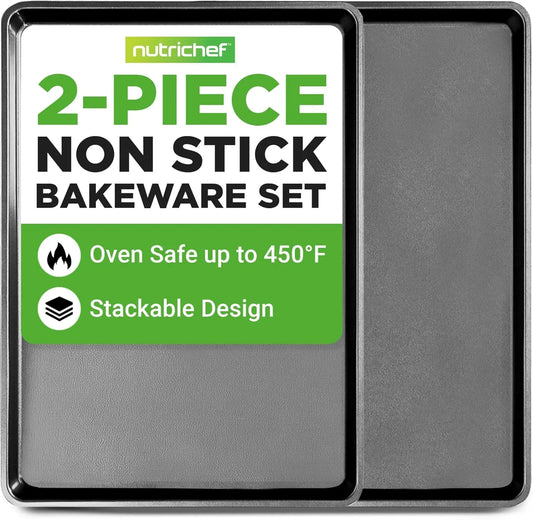 2-Piece XL Mega Cookie Sheet Baking Pans Set - 22" X 16" Extra Large Nonstick Carbon Steel Oven Baking Tray Pans, Stackable Bakeware, Black - NCLGBP16