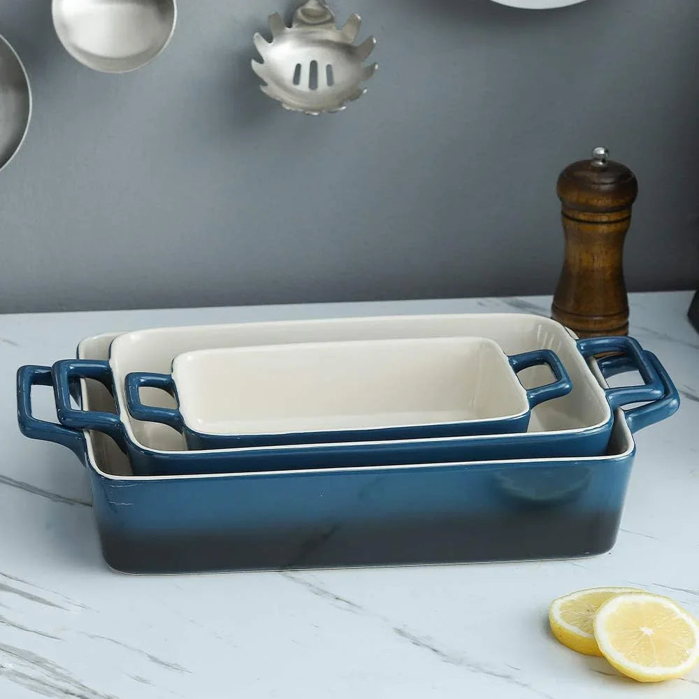 Bakeware Set, Ceramic Baking Dish, Rectangular Baking Pans Set, Casserole Dish for Cooking, Cake Dinner, Kitchen, Wrapping Upgrade, 12 X 8.5 Inches, 3-Piece (Gradient Blue)