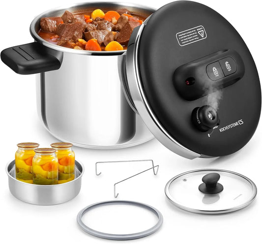 Stainless Steel Pressure Cooker 6.3QT, Olla De Presion, 3-In-1 Pressur Cookers, Easy One-Press Lock Button, Induction Compatible, with Glass Lid & Steamer