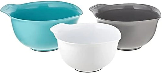 Universal Nesting Plastic Mixing Bowls, Set of 3, 2.5 Quart, 3.5 Quart, 4.5 Quart, Non Slip Base with Easy Pour Spout to Reduce Mess, Dishwasher Safe, Aqua Sky, White, Gray