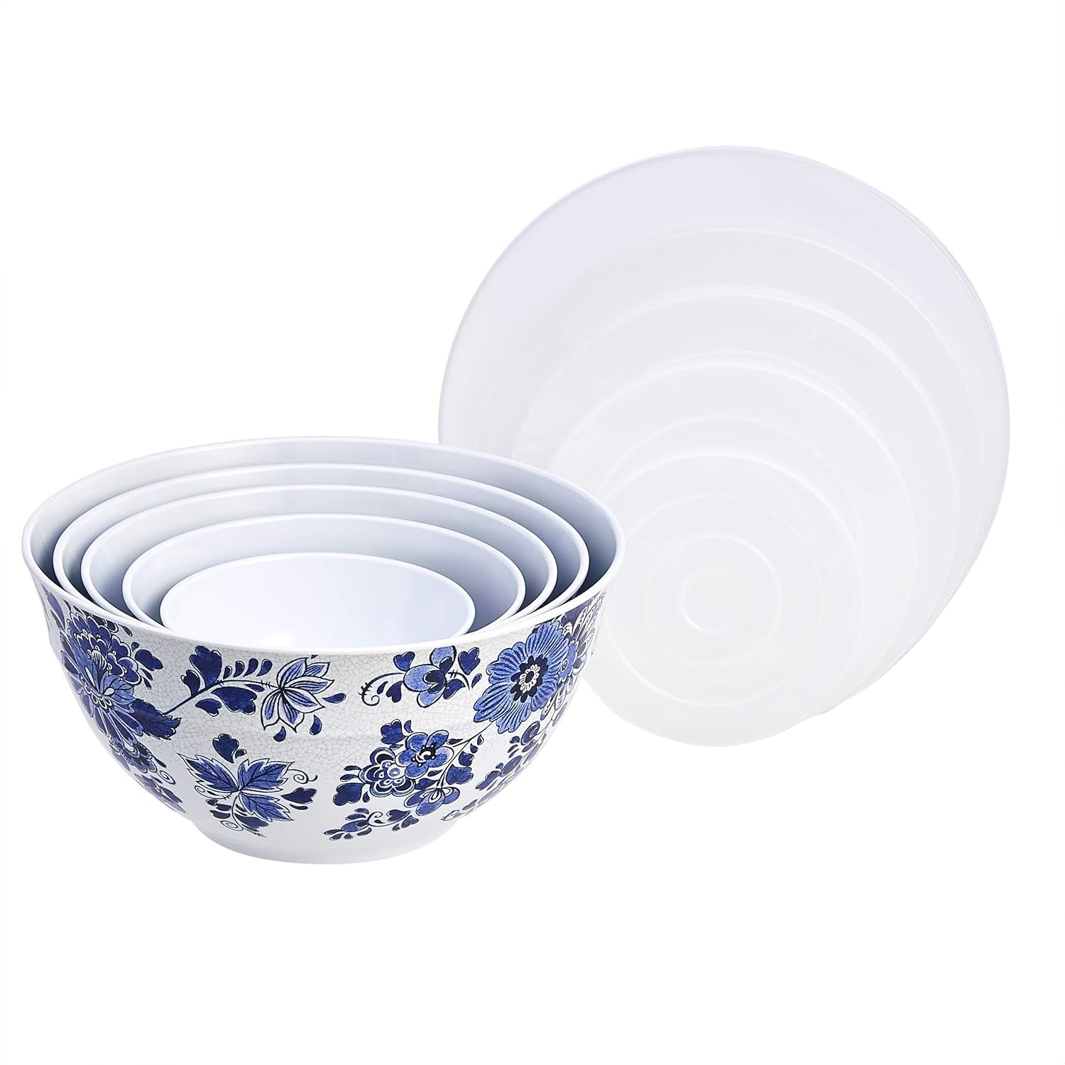 Nesting Melamine Mixing Bowls with Lids and Non-Slip Base, Dishwasher Safe, Space Saving, 5 Sizes, Blue and White Floral, Set of 10