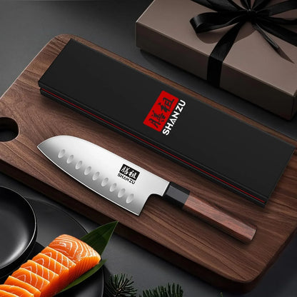 5 Inch Santoku Knife for Small Hands, Japanese High Carbon Steel Kitchen Knife, Multi-Function Mini Size Sharp Chef Knives with Ergonomic Red Sandalwood Handle, Sashimi Knives