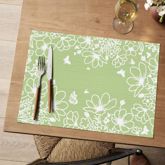 Green Weed Wild Flower Placemats Set of 4, 12X18 Inch Plastic Woven Washable Non-Slip PVC Place Mats for Party Kitchen Dining Decor
