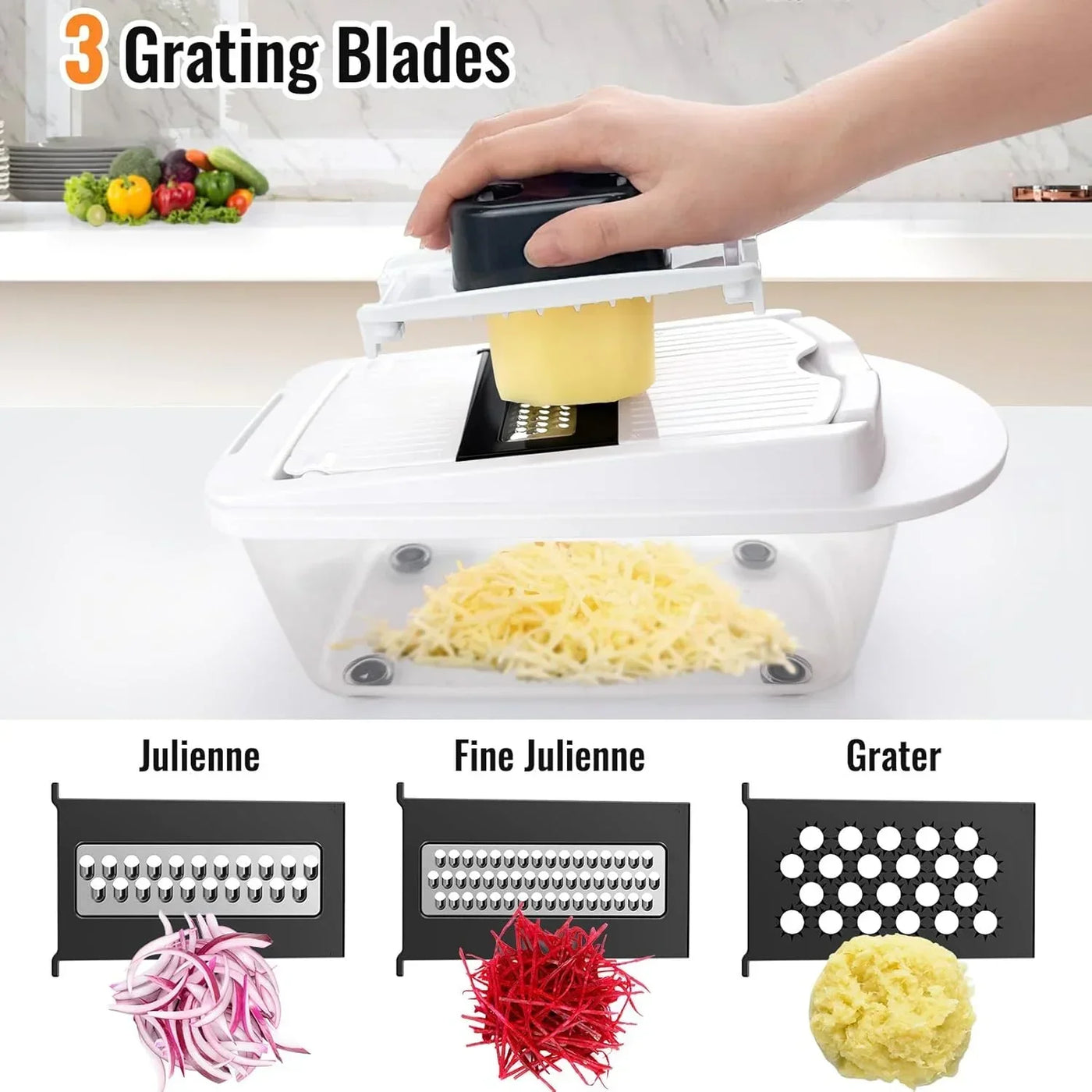 3-blade kitchen grater with julienne, fine julienne, and grater functions for cheese and veggies