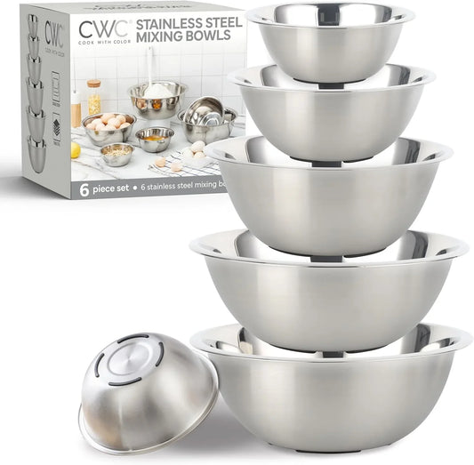 Stainless Steel Mixing Bowls Set - Nesting Bowls, 6 Pieces, Silver with Non Slip Bottom