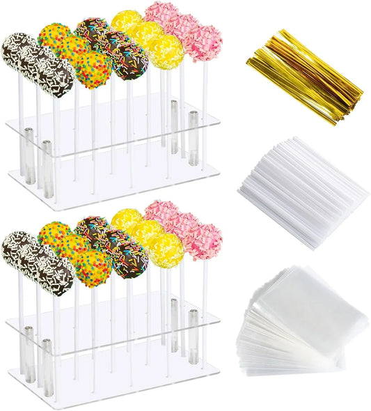 2 Pack Cake Pop Stand with Sticks & Wrappers, 15 Holes Acrylic Cake Pops Holder Disply, Clear Cake Pops Sticks Kit, Lollipop Hold Stand for Drying, Dessert Table, Party Supplies