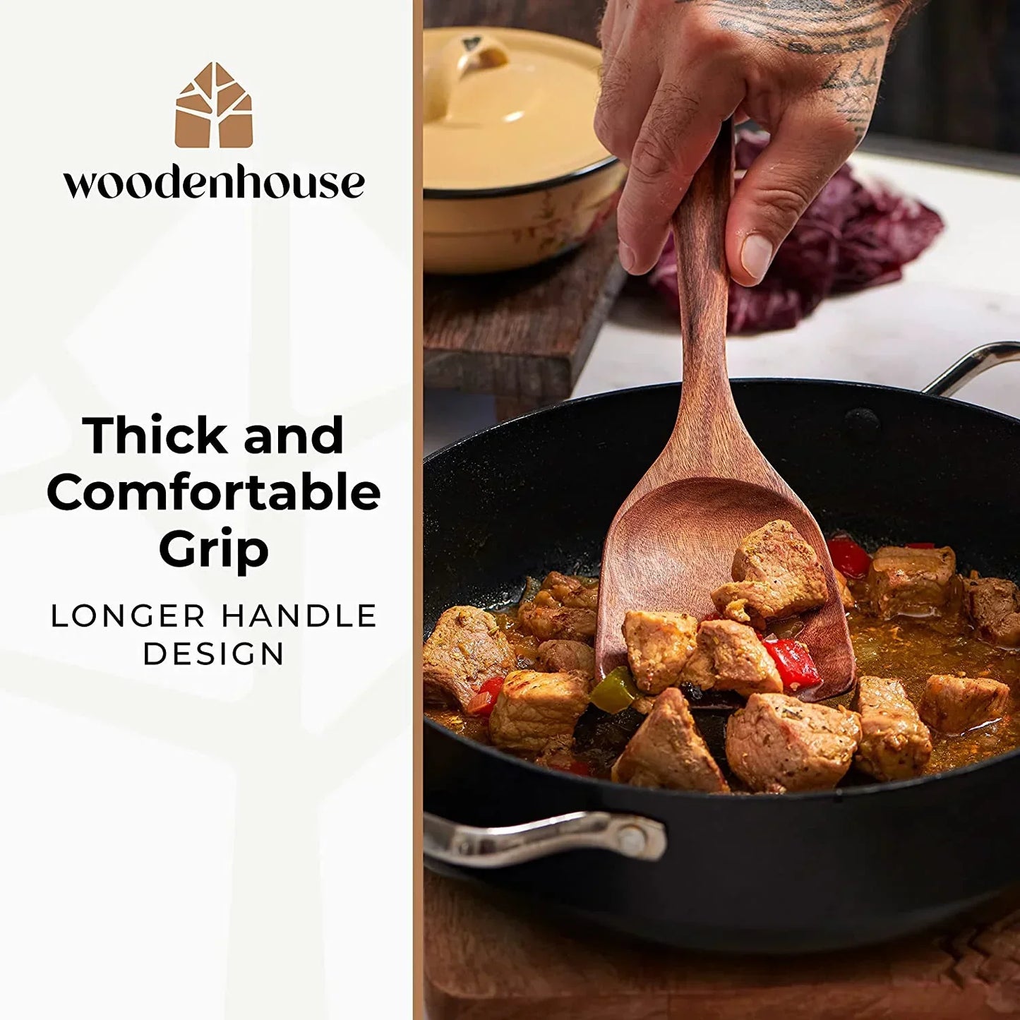 Wooden spoon stirring meat and veggies in a black skillet, featuring a thick, comfortable grip handle.