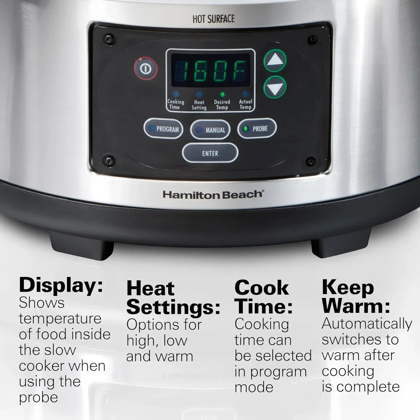 Hamilton Beach slow cooker control panel with digital display, temp probe, and programmable settings for cooking and keep warm